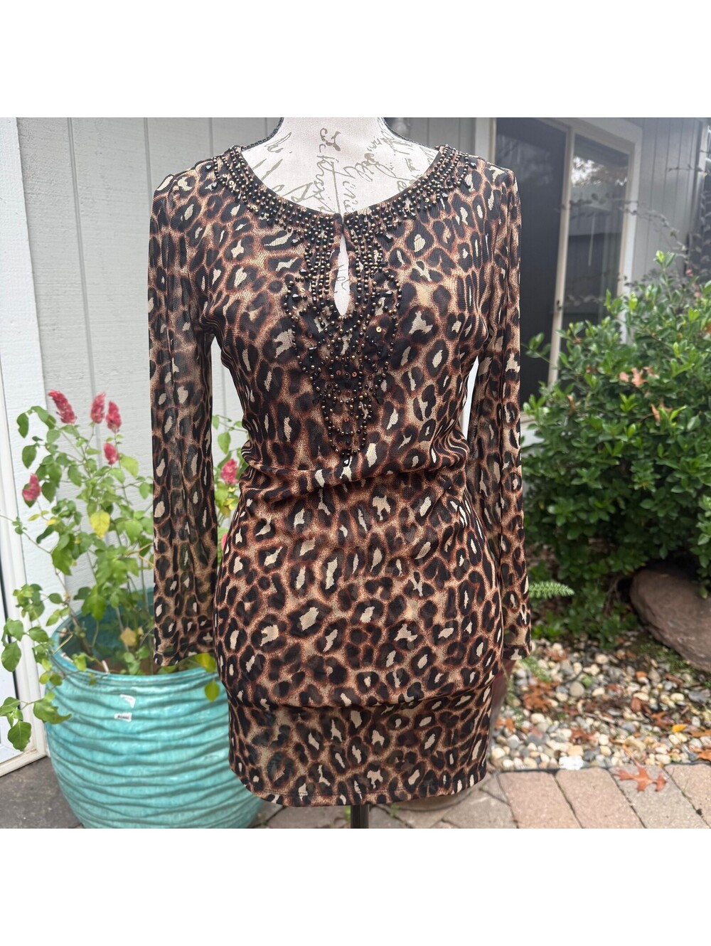 Y2K INC Leopard Print Beaded Long Sleeve Mini Dress Tunic Animal Print M
